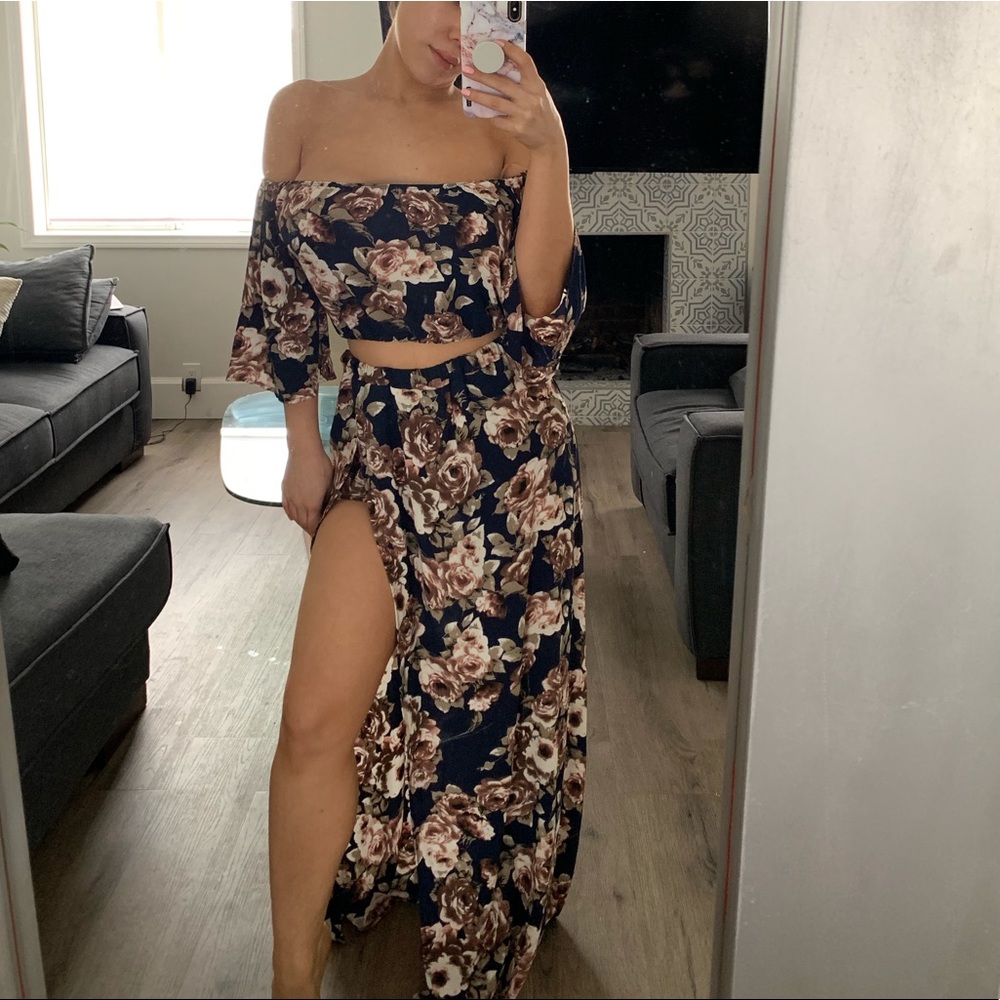 Net two piece summer floral maxi crop top dress